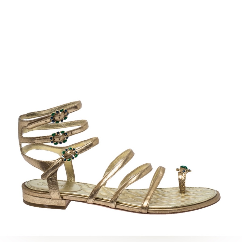 Chanel Gold Leather Jewel Toe Ring Strappy Flat Gladiator Sandals Size 38.5